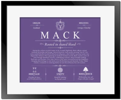 Mack last name origin and heritage in Purple with Black Matte Frame