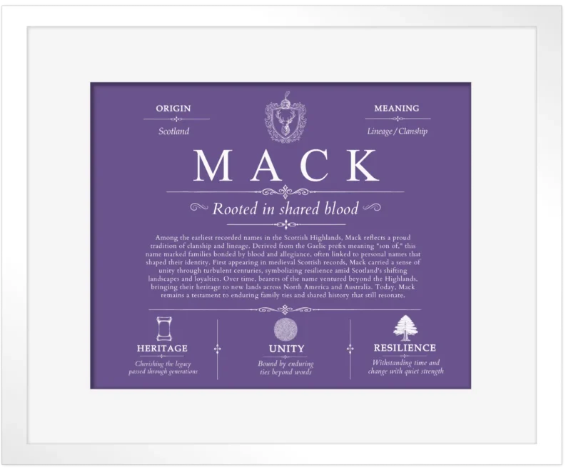 Mack last name origin and heritage in Purple with White Matte Frame
