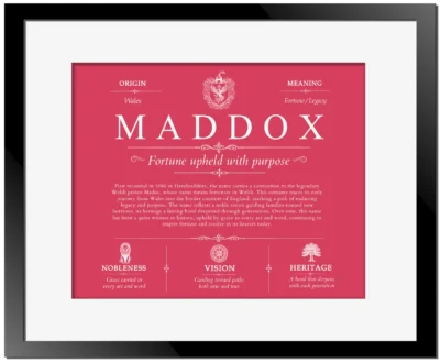Maddox surname history and heritage in Red with Black Matte Frame