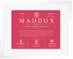 Maddox surname history and heritage in Red with White Matte Frame Maddox surname history and heritage in Red with White Matte Frame