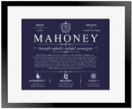 Mahoney surname origin and family heritage in Navy Blue with Black Matte Frame