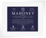 Mahoney surname origin and family heritage in Navy Blue with White Matte Frame