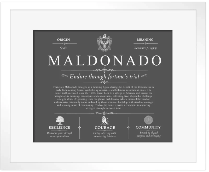 Maldonado surname origin and family heritage in Gray with White Matte Frame