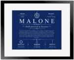 Malone surname history and family heritage in Deep Blue with Black Matte Frame