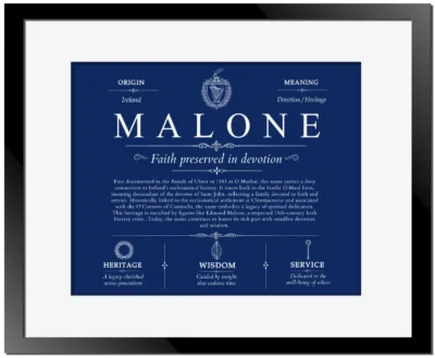 Malone surname history and family heritage in Deep Blue with Black Matte Frame