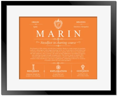Marin personalized family surname in Orange with Black Matte Frame