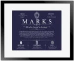 Marks personalized surname meaning in Navy Blue with Black Matte Frame
