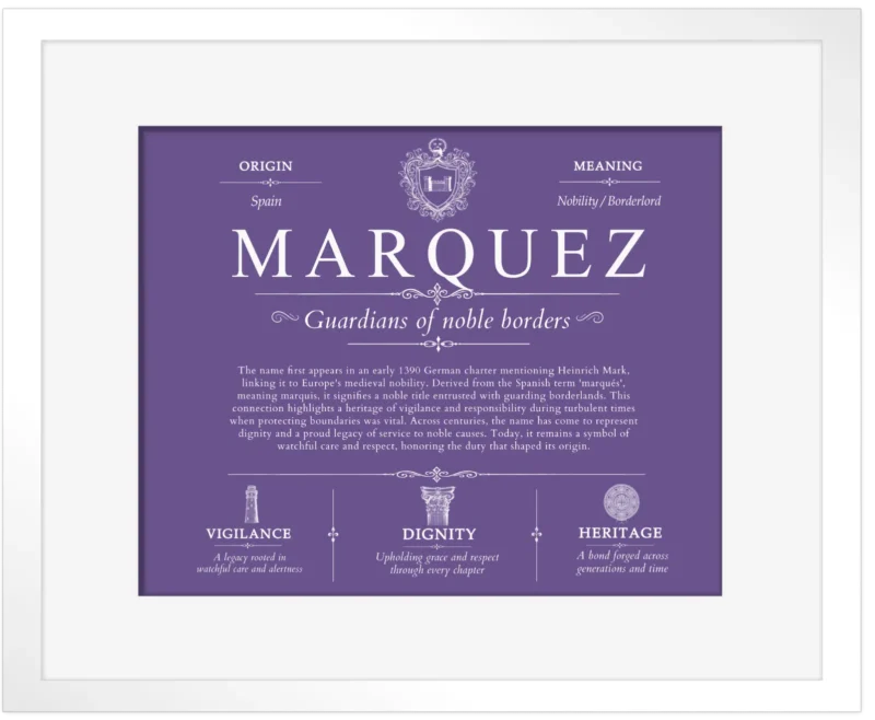 Marquez surname heritage and history in Purple with White Matte Frame
