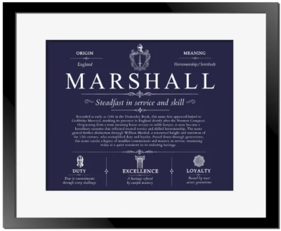 Marshall surname heritage and history in Navy Blue with Black Matte Frame