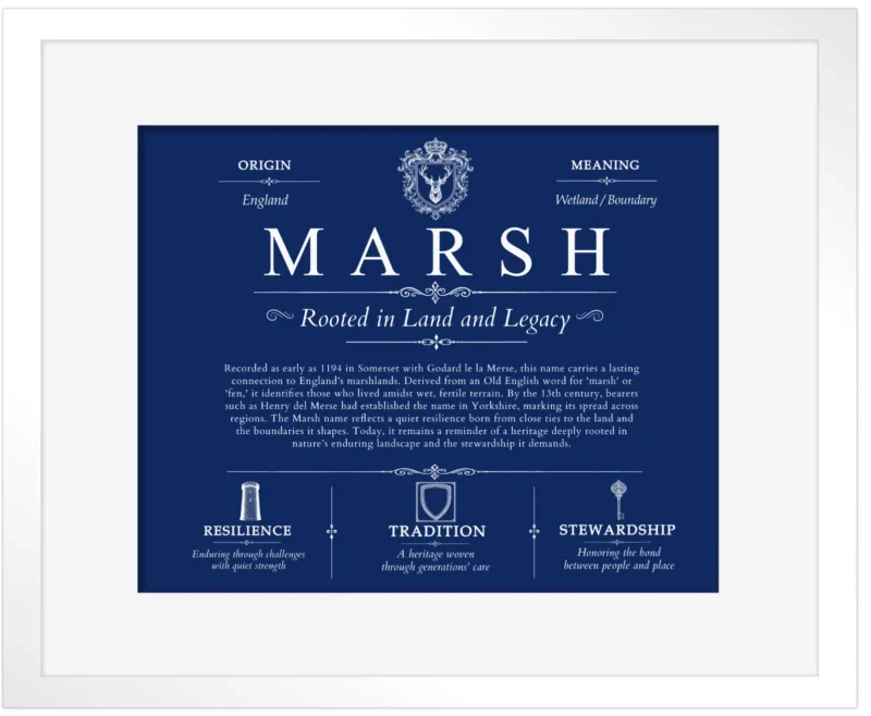 Marsh surname origin and family heritage in Deep Blue with White Matte Frame