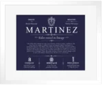 Martinez surname origin and history in Navy Blue with White Matte Frame