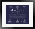 Mason surname history and heritage in Navy Blue with Black Matte Frame