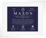 Mason surname history and heritage in Navy Blue with White Matte Frame Mason surname history and heritage in Navy Blue with White Matte Frame