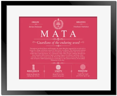 Mata surname meaning and heritage in Red with Black Matte Frame