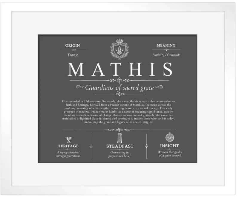 Mathis surname meaning history and origin in Gray with White Matte Frame