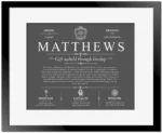 Matthews family name history in Gray with Black Matte Frame