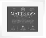 Matthews family name history in Gray with White Matte Frame