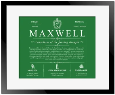 Maxwell personalized family surname in Dark Green with Black Matte Frame