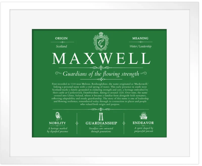 Maxwell personalized family surname in Dark Green with White Matte Frame