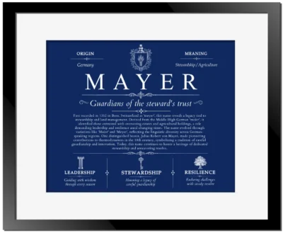 Mayer surname history and heritage in Deep Blue with Black Matte Frame