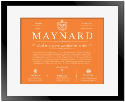 Maynard last name history and origin in Orange with Black Matte Frame