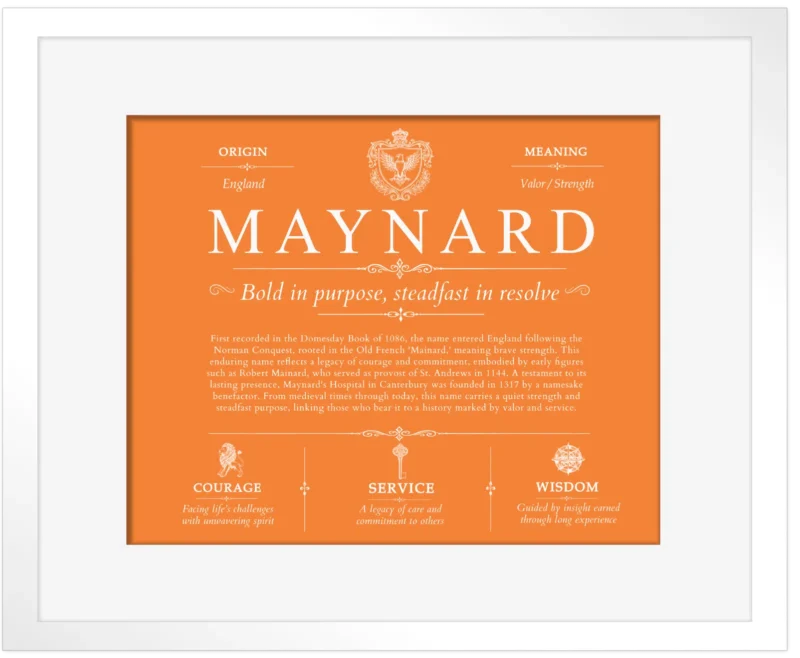 Maynard last name history and origin in Orange with White Matte Frame
