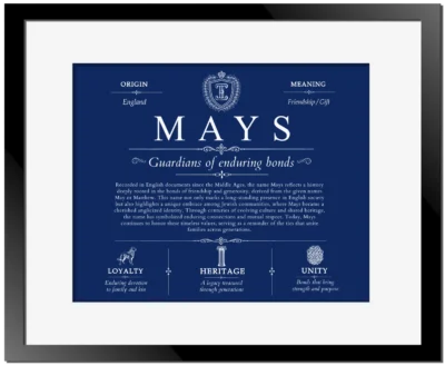 Mays family name heritage in Deep Blue with Black Matte Frame