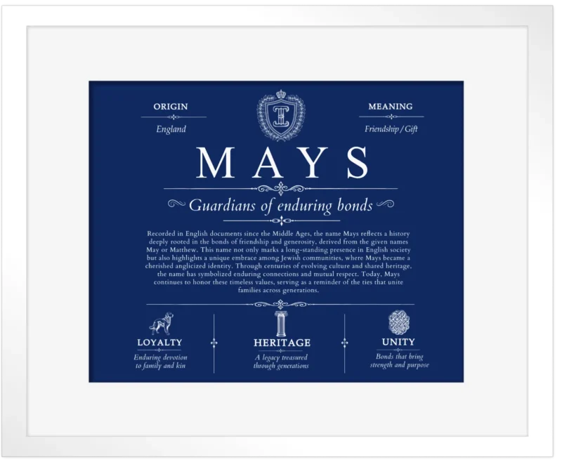 Mays family name heritage in Deep Blue with White Matte Frame