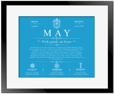 May family name heritage in Blue with Black Matte Frame