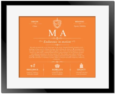 Ma last name meaning and origin in Orange with Black Matte Frame