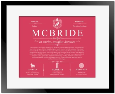 Mcbride surname meaning and heritage in Red with Black Matte Frame