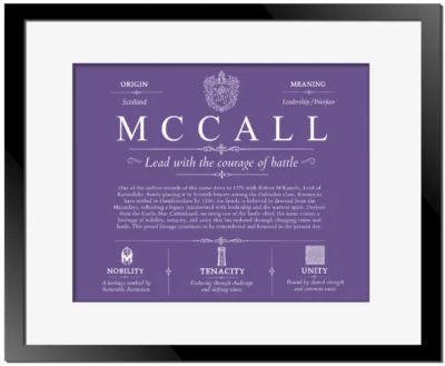 Mccall surname history and heritage in Purple with Black Matte Frame