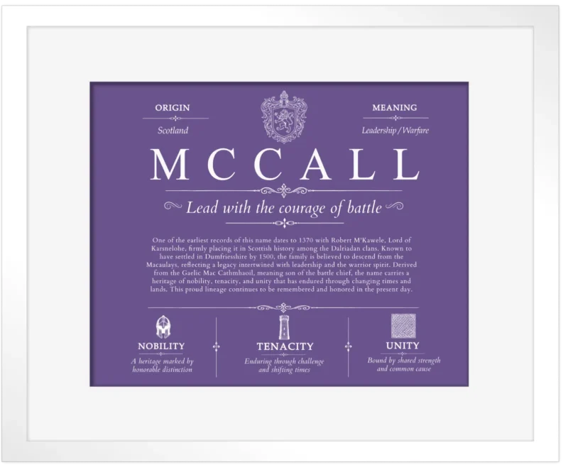 Mccall surname history and heritage in Purple with White Matte Frame