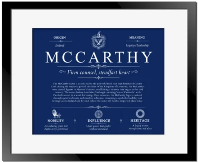 Mccarthy surname meaning and heritage in Deep Blue with Black Matte Frame