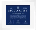 Mccarthy surname meaning and heritage in Deep Blue with White Matte Frame