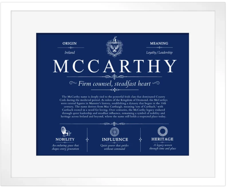 Mccarthy surname meaning and heritage in Deep Blue with White Matte Frame