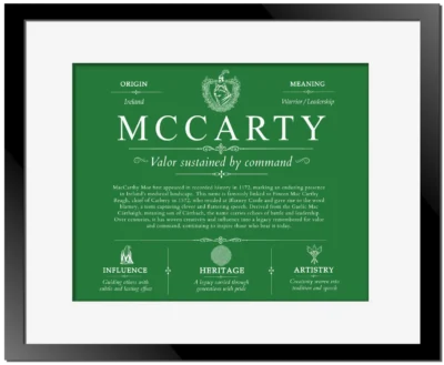 Mccarty family name meaning and origin in Dark Green with Black Matte Frame
