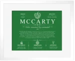 Mccarty family name meaning and origin in Dark Green with White Matte Frame