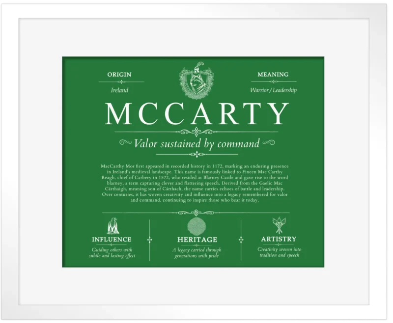 Mccarty family name meaning and origin in Dark Green with White Matte Frame