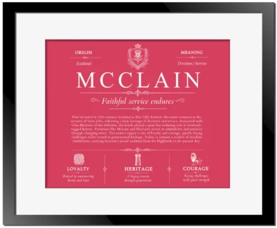 Mcclain family name history in Red with Black Matte Frame