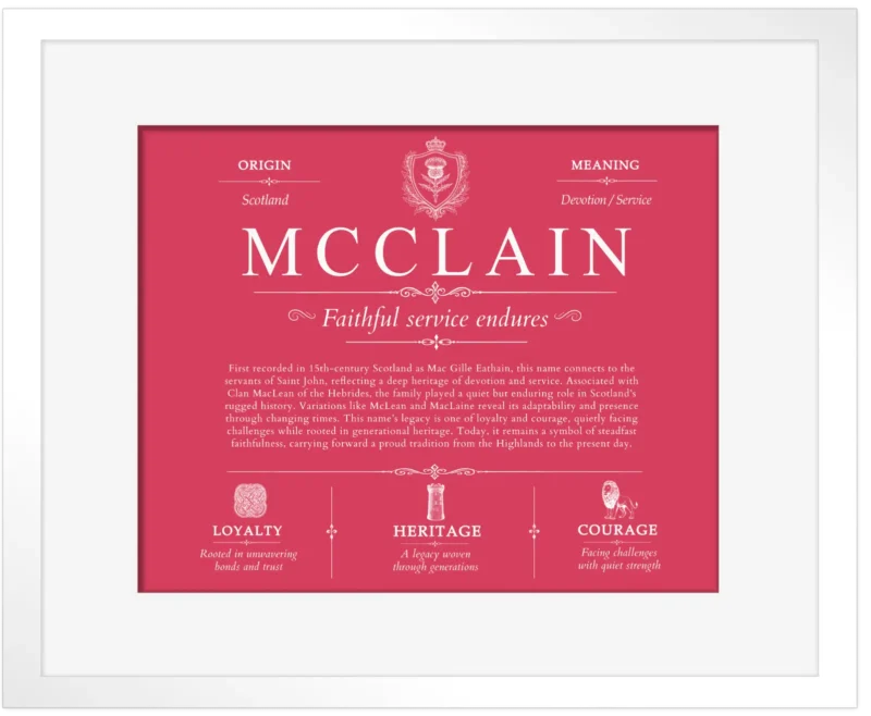 Mcclain family name history in Red with White Matte Frame