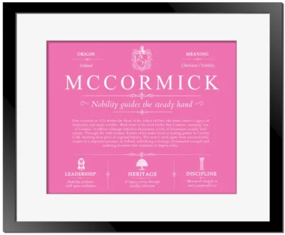 Mccormick surname origin and history in Pink with Black Matte Frame