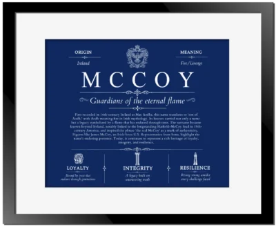 Mccoy personalized surname meaning in Deep Blue with Black Matte Frame