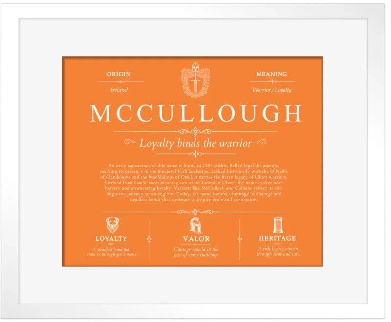 Mccullough surname meaning origin and heritage in Orange with White Matte Frame