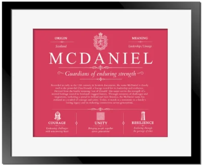 Mcdaniel surname meaning history and origin in Red with Black Matte Frame