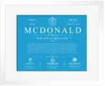 Mcdonald family name history in Blue with White Matte Frame