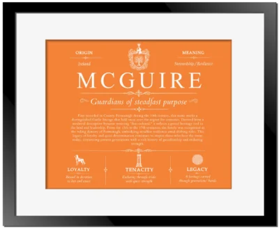 Mcguire family name history in Orange with Black Matte Frame