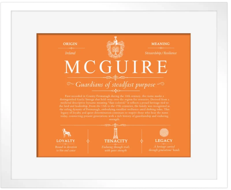 Mcguire family name history in Orange with White Matte Frame