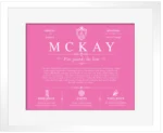 Mckay surname meaning and heritage in Pink with White Matte Frame Mckay surname meaning and heritage in Pink with White Matte Frame