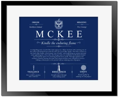 Mckee surname heritage and history in Deep Blue with Black Matte Frame